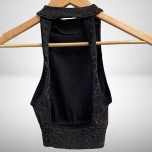 NEW Free People Intimately Shimmer High Neck Open Back Crop Top Black Gold XS/S